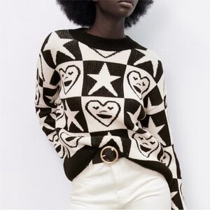 Zara Smiling Heart and Star Jacquard Knit Sweater Size Medium